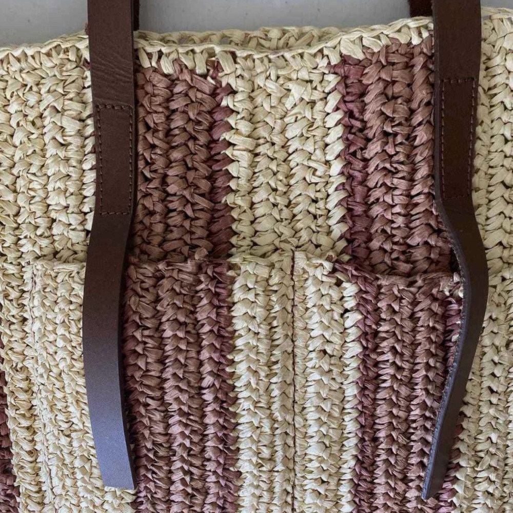 J. JILL Oversized Woven Straw Striped Tote Boho Vibes Leather Handle Market Bag - Picture 7 of 9